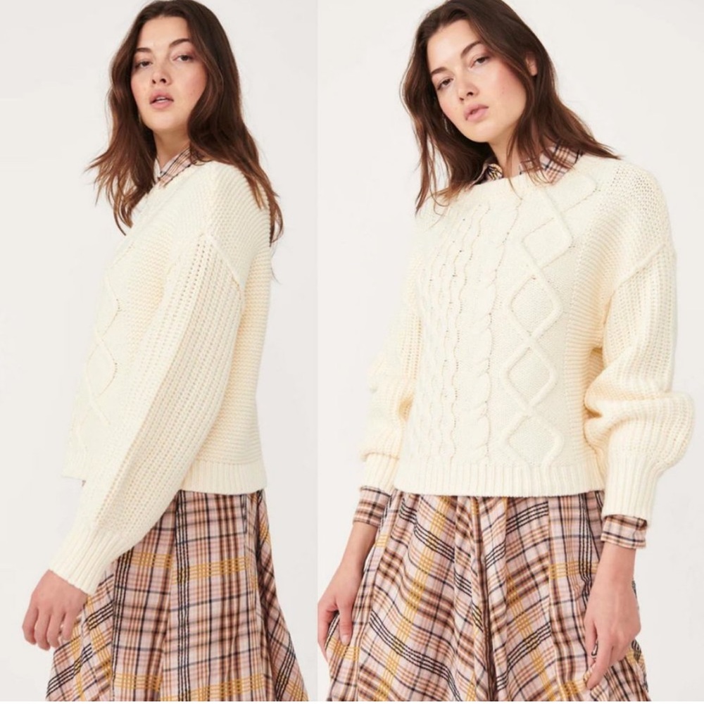 Free People Soft Cozy Chunky Knit Dream Cable Crewneck Sweater Cream Size XL - Picture 3 of 9